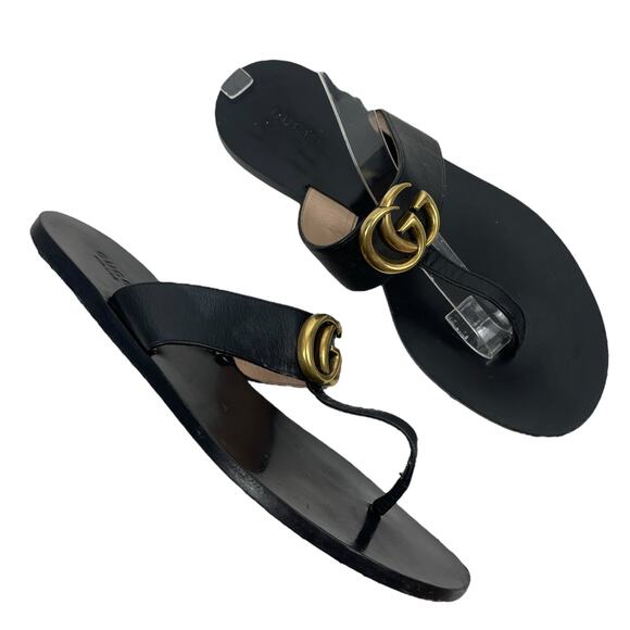 Gucci Black Leather Thong Sandals Gold Double G Logo Size 37 - Picture 3 of 13